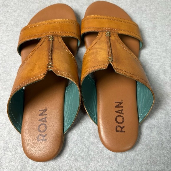 Roan Somerville Tan Leather Slide Sandals Womens 10 Flat Boho Teal Lining - Picture 2 of 12